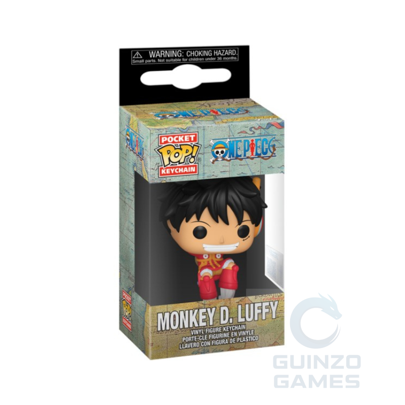 Portachiavi Funko Pop Monkey D. Luffy nella confezione, mini figura rossa.