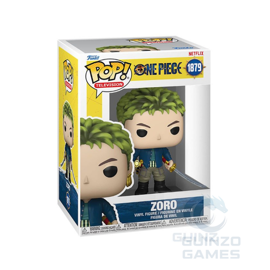 Funko POP figure Zoro in scatola, capelli verdi e tuta blu, logo Netflix 1879