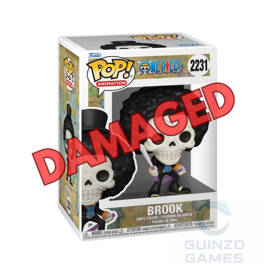 Action figure Funko Pop Brook in scatola: teschio bianco, mantello nero, dettagli viola