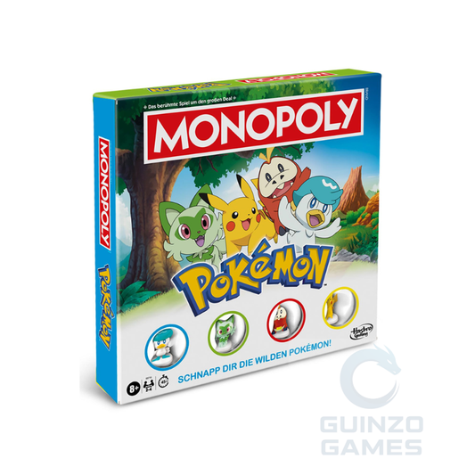 Scatola del gioco Monopoly Pokémon con grafica di personaggi e logo