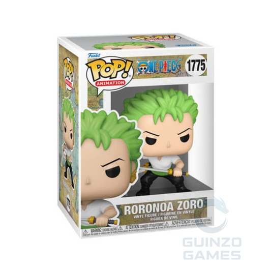 Figura Funko Pop in scatola, capelli verdi, arma in mano, One Piece