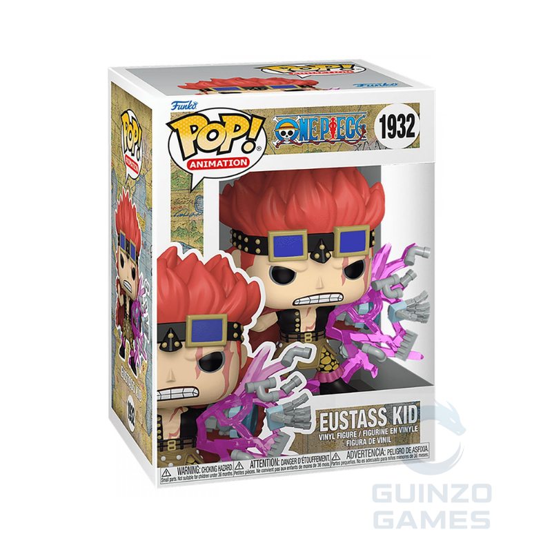 Figura Funko POP Eustass Kid in confezione: capelli rossi, catene viola, occhi azzurri.